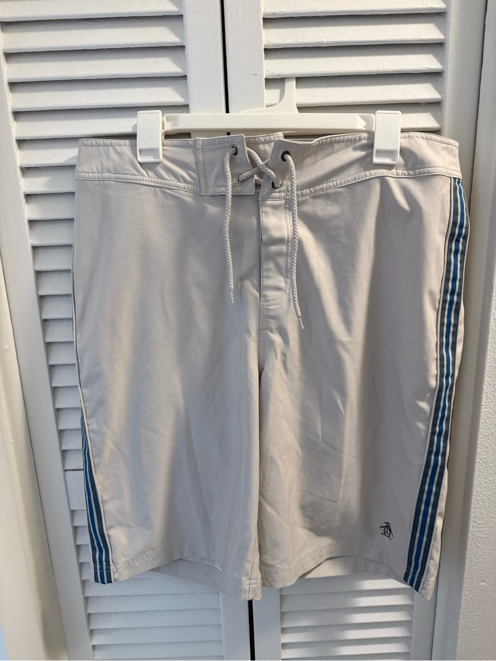 Original Penguin Light Gray Swim Shorts with Blue Side Stripes